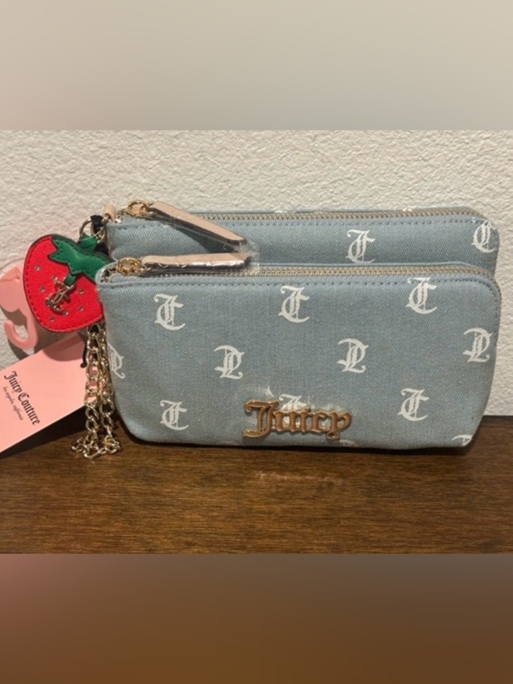 Juicy Couture Denim-Like Logo Double Zip Wristlet with Strawberry Charm
